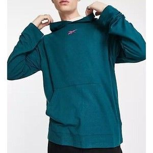 Reebok Pullover Hoodie Pink Logo Dark Green Pullover Sweatshirt  Men‘s Size L